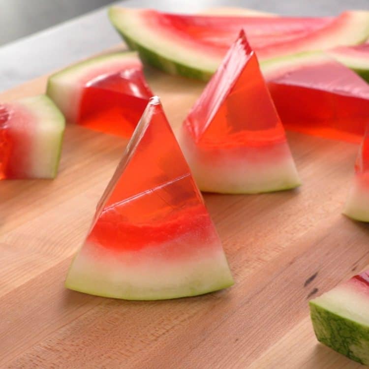 Watermelon Jello Wedges on cutting board