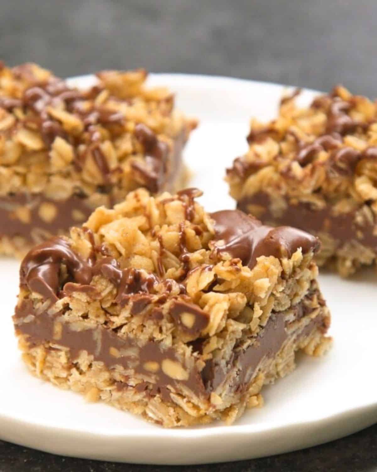 Chocolate oat bars on plate close-up.