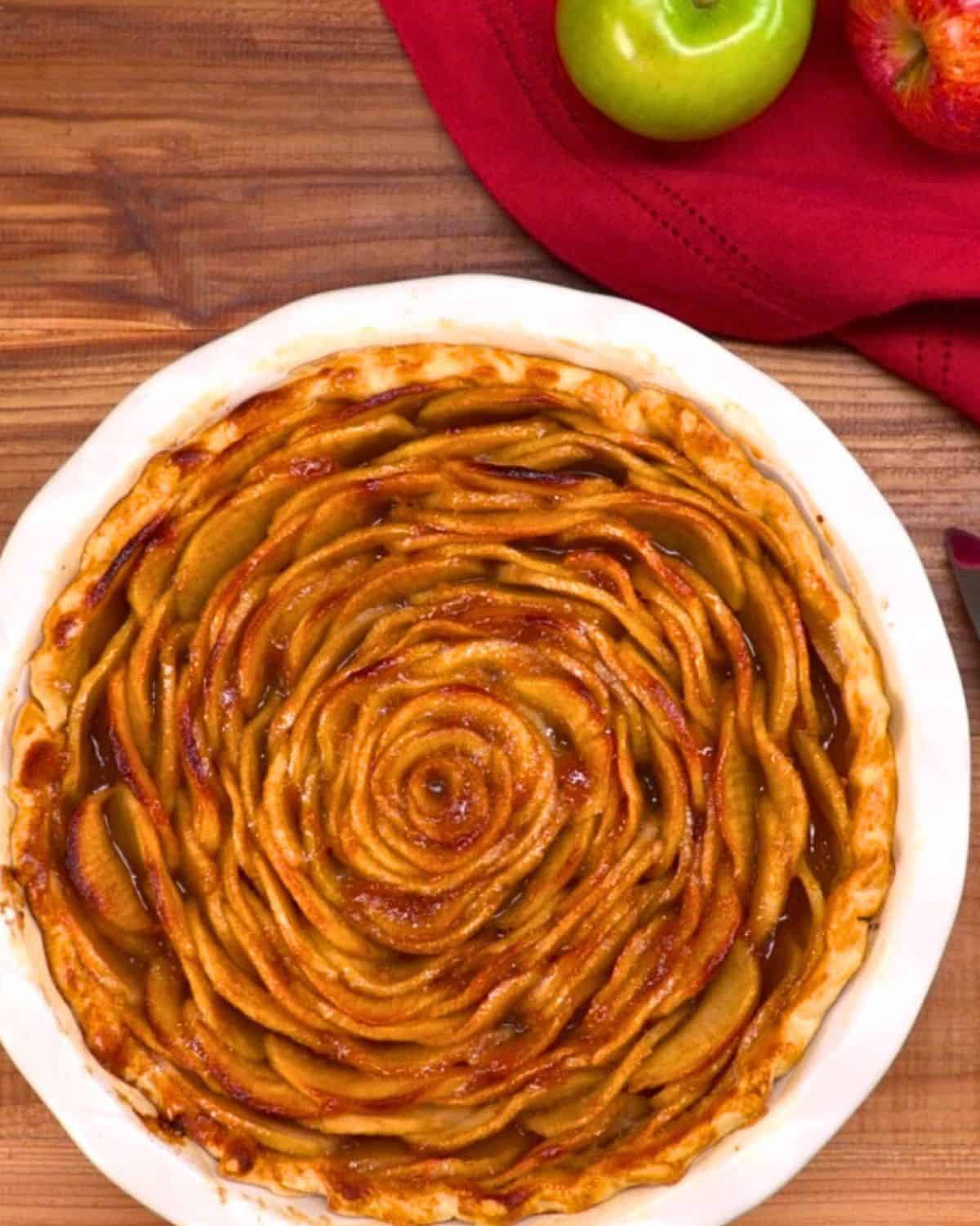 top down photo of apple rose pie.
