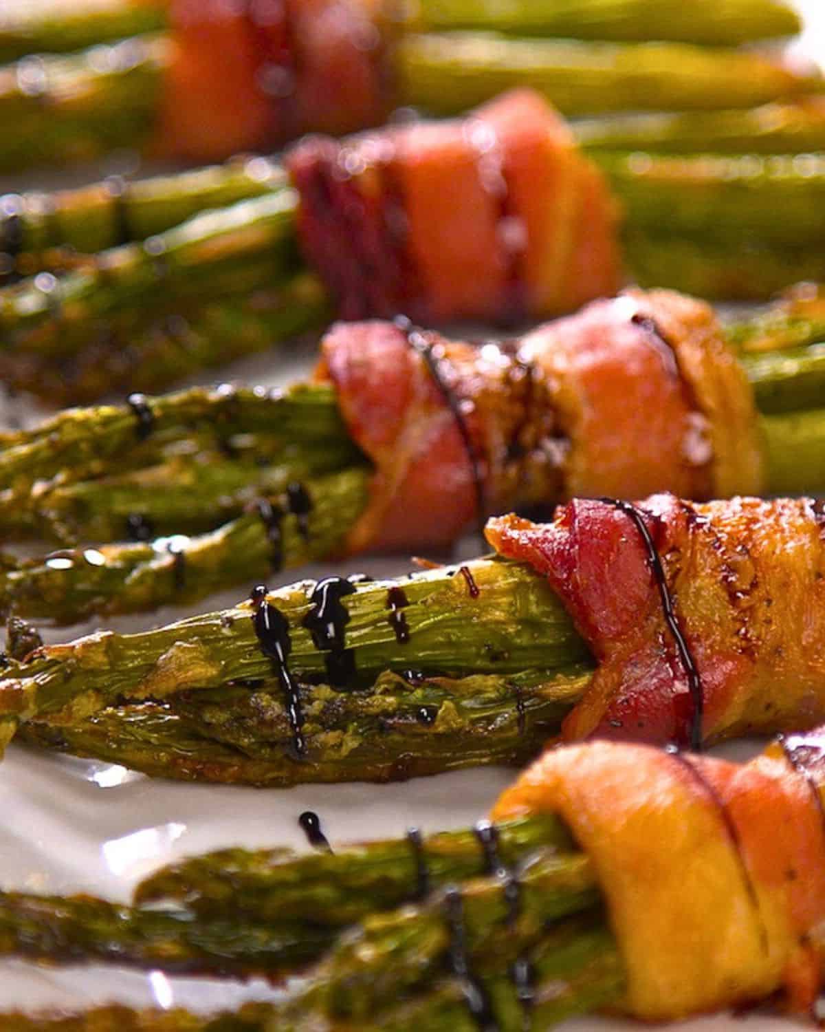 Bacon Wrapped Asparagus on platter.