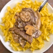 Close up of bowl of beef stroganoff with noodles.