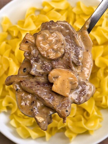 Close up of bowl of beef stroganoff with noodles.