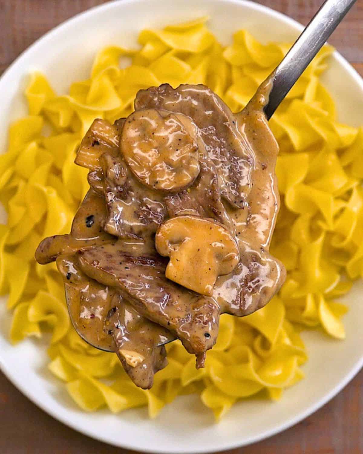 Beef stroganoff with pasta in background and spoon of meat.