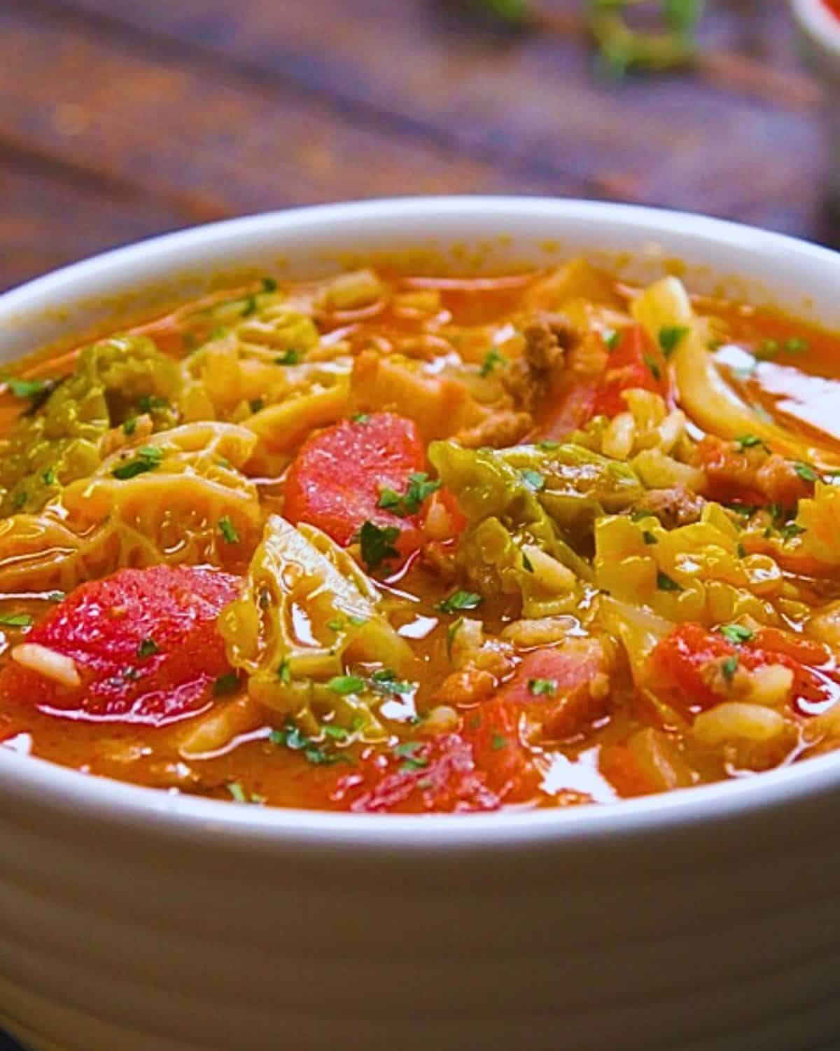 Cabbage Roll Soup in bowl.