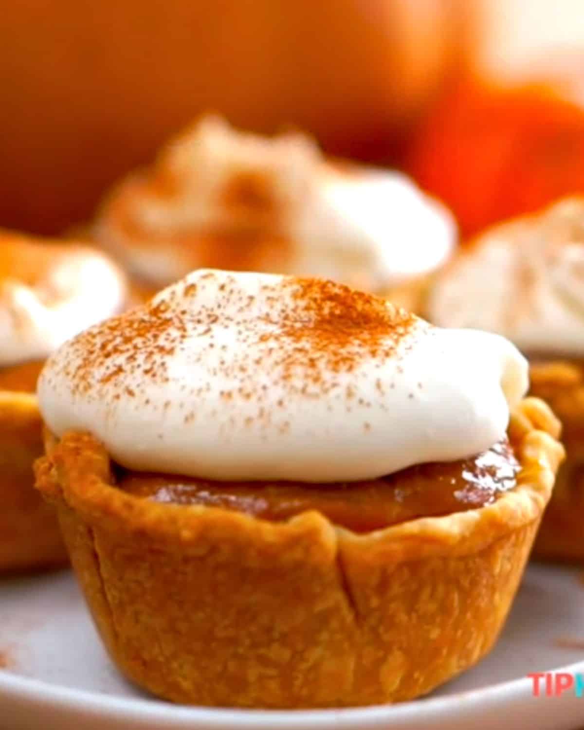 Mini Pumpkin Pies with whip cream on white plate.