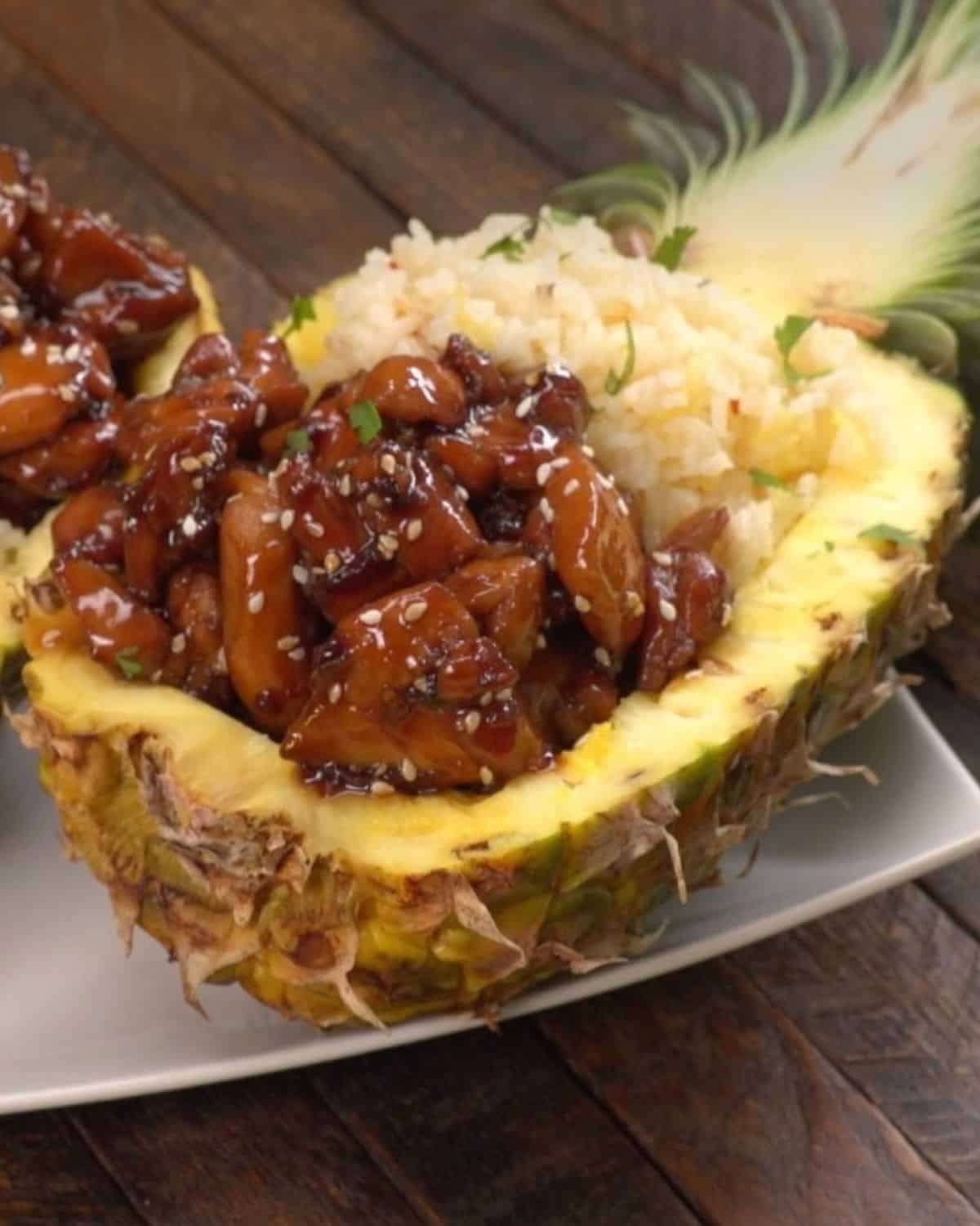 Teriyaki and pineapple rice in a pineapple rind.
